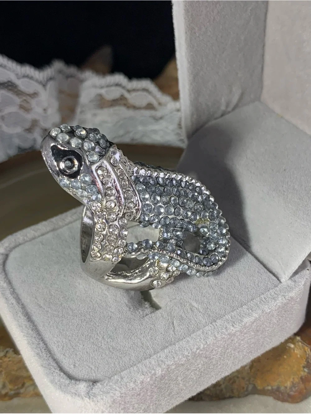 Silver Crystal Lizard Ring - Sparkling Statement Ring size 7